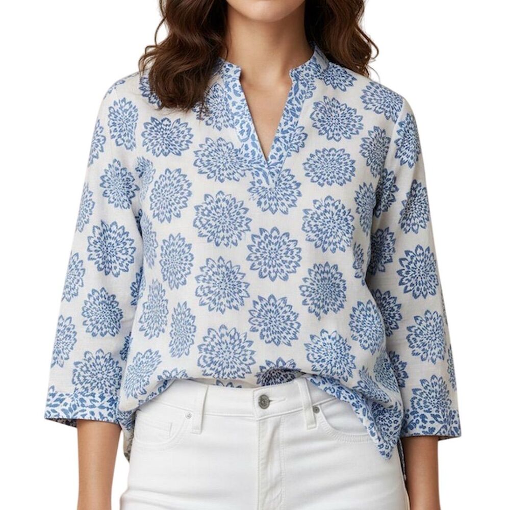 Zac & Rachel Women's Floral Tunic Blouse White V-Neck 3/4 Sleeve S - Picture 1 of 6
